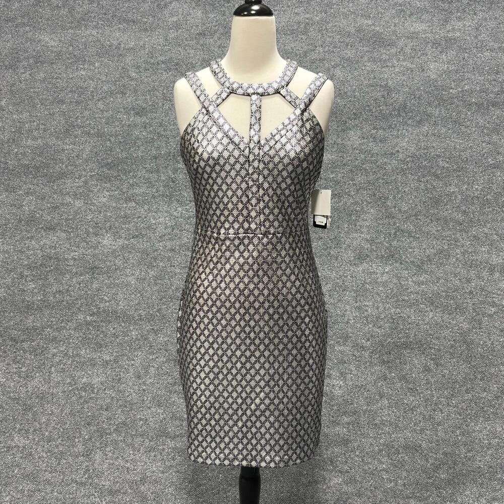 GUESS Dress Womens 8 Silver Geometric Jacquard Halter Bodycon Mini Party